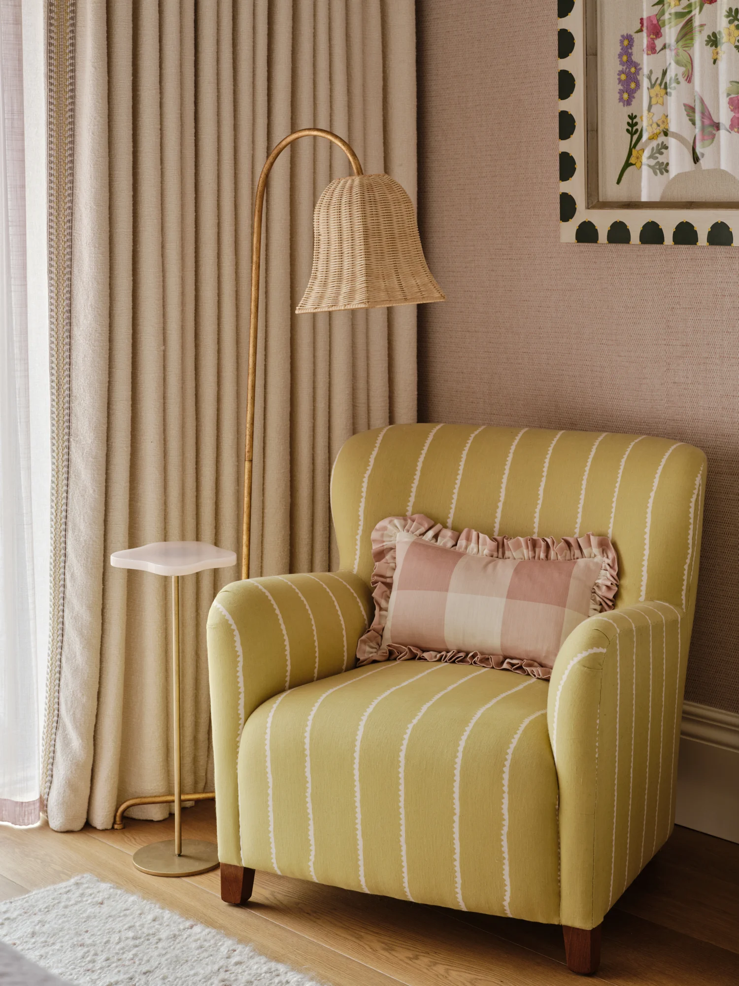 Master bedroom armchair with rattan floor lamp and onyx side table styled and designed by Wilding 