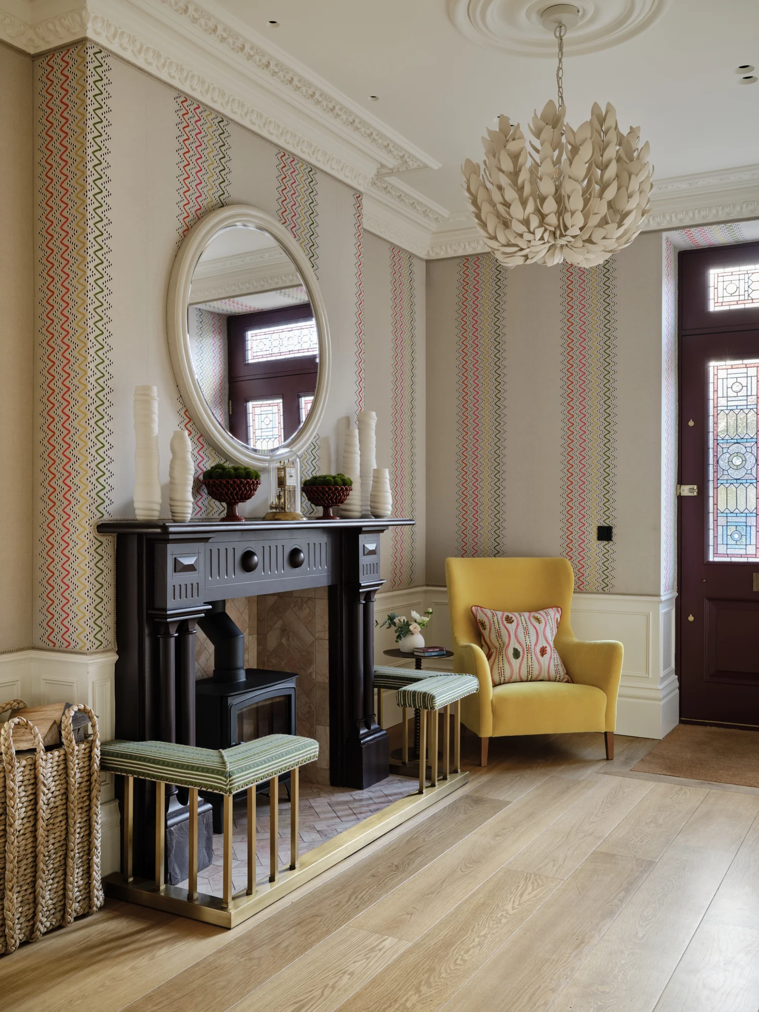 Entrance hallway with recreated period cornice and staircase details in a Sheffield home by luxury interior designer Wilding 